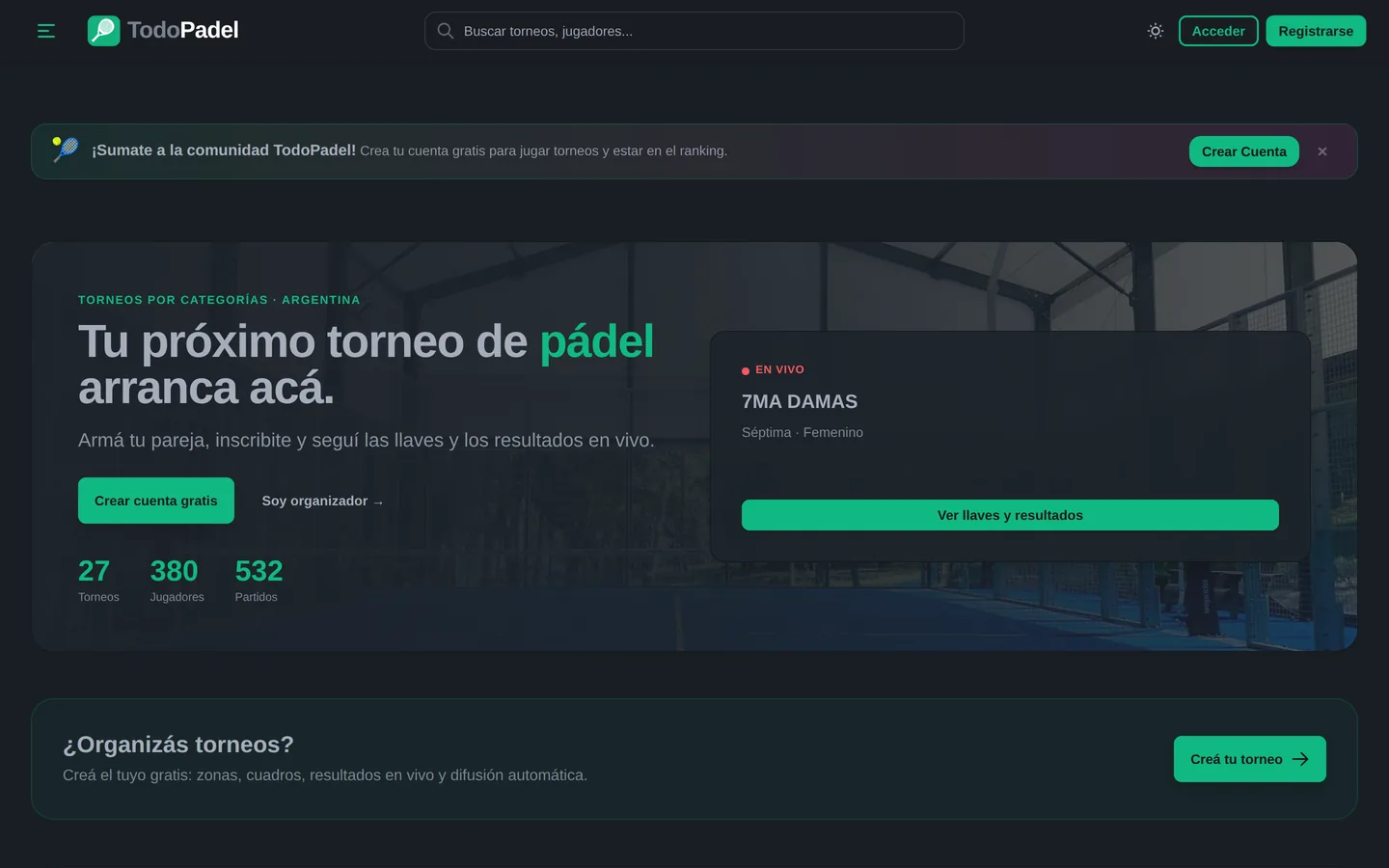 Inicio de TodoPadel en escritorio: torneos abiertos, en juego y organizadores