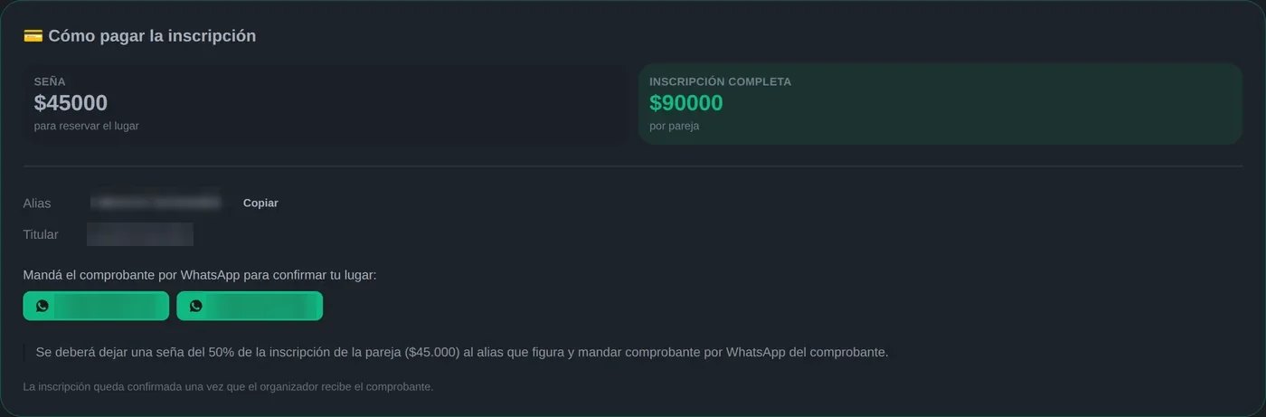 Bloque de cómo pagar la inscripción con seña, alias y contacto de WhatsApp