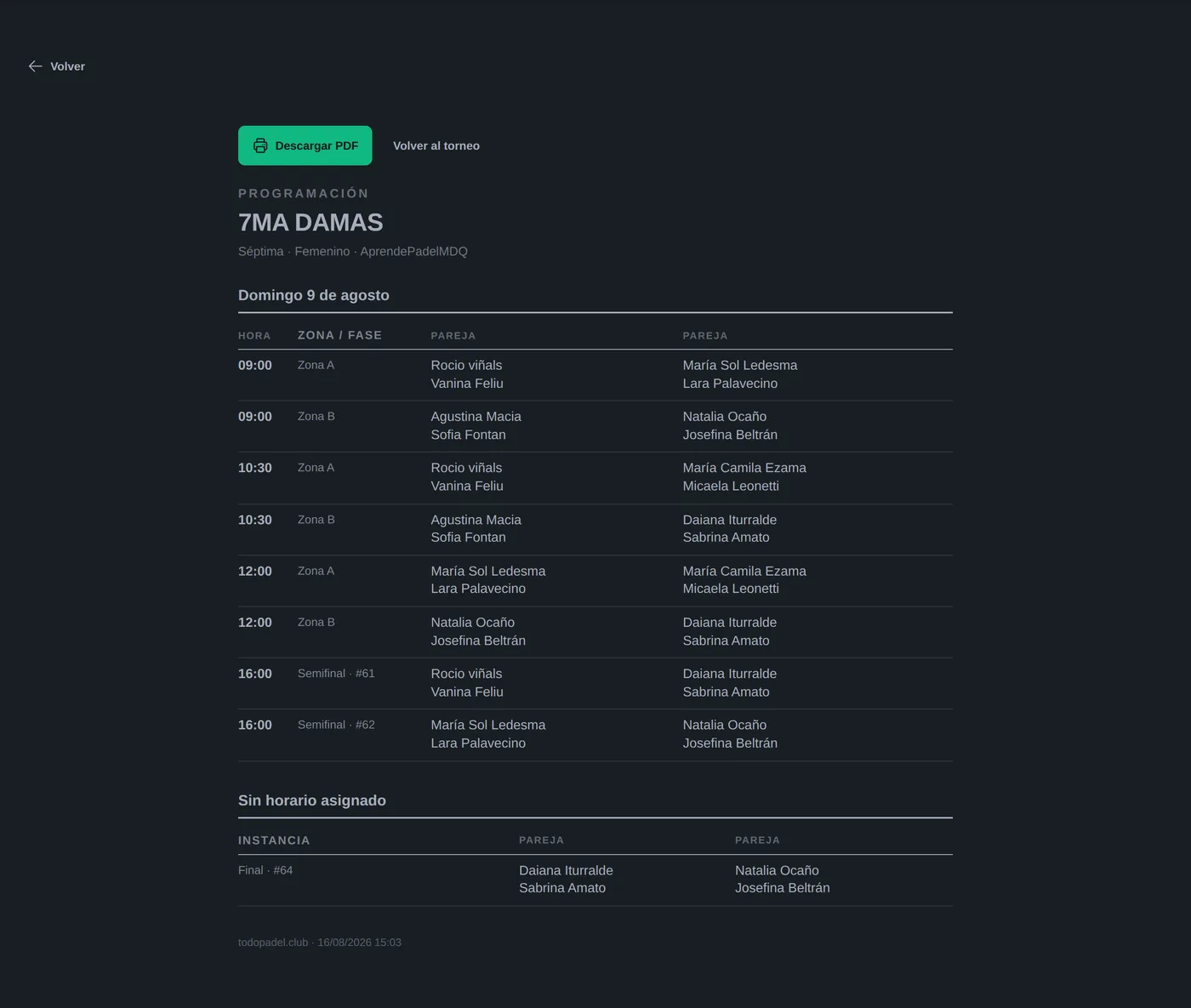 Programación del torneo por horario con zona, fase y parejas