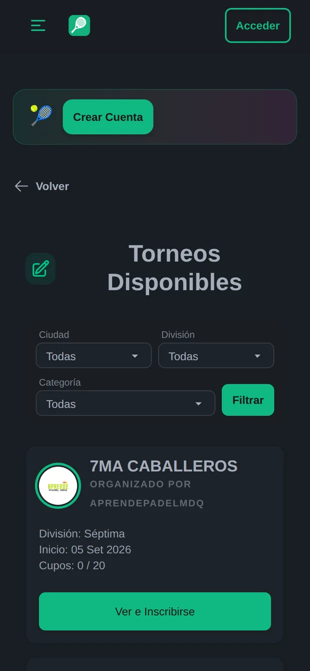 Listado de torneos abiertos en el celular