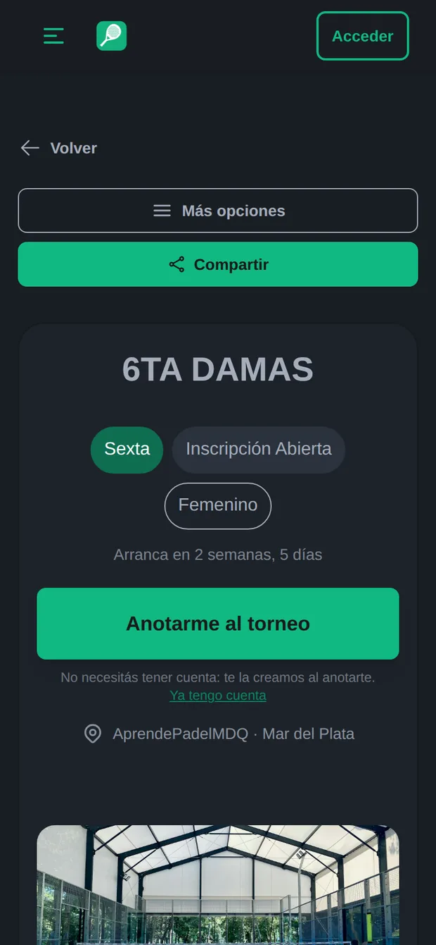 Detalle del torneo con botón de anotarse